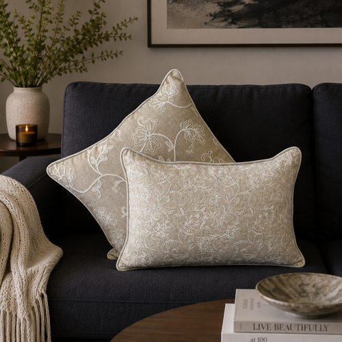 Beige Embroidered Linen Cushion 12 x 18