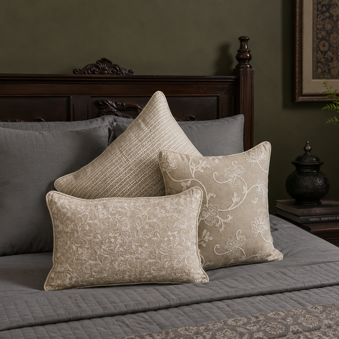 Luxury beige designer cushion cover set styled on a bed with grey bedding and grey pillows in an elegant bedroom featuring a dark wooden headboard and sophisticated home décor by Inara Home Decor.