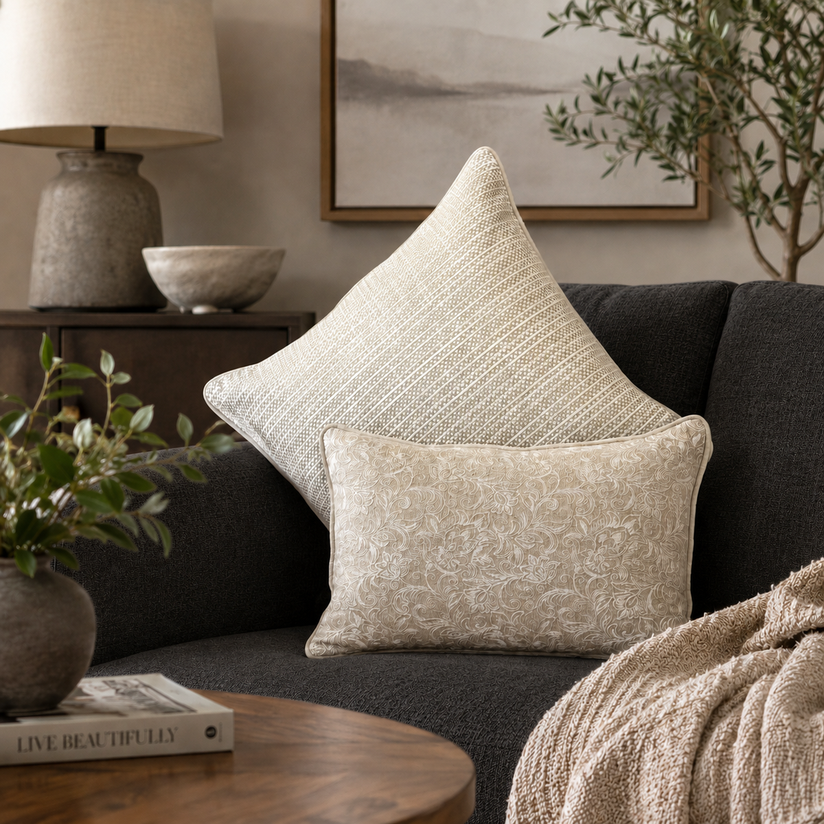 Cream textured square cushion and beige floral lumbar cushion styled on a dark charcoal sofa in a modern living room with elegant neutral décor and natural lighting.