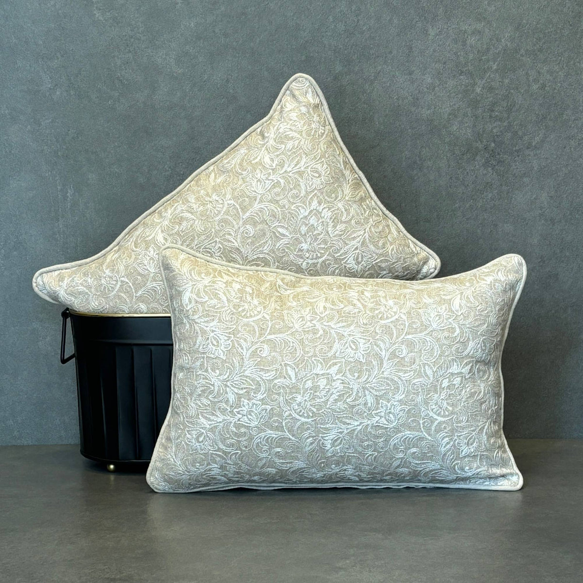 Beige Embroidered Linen Cushion 12 x 18 – size and scale reference | INARA