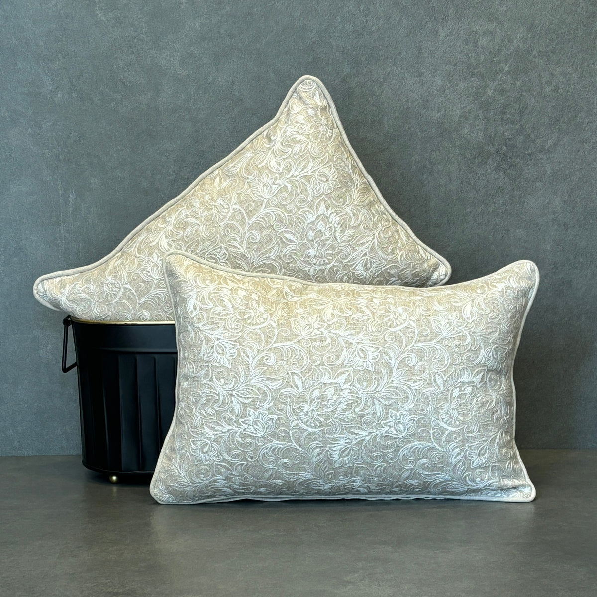 Beige Embroidered Linen Cushion 12 x 18 – size and scale reference | INARA
