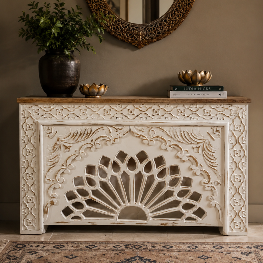 Hand-carved distressed white solid mango wood console table with intricate floral detailing styled in a luxury home entrance with elegant décor.
