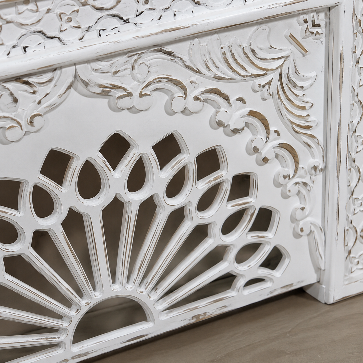 Distressed White Wooden Console – texture and finish detail | INARA