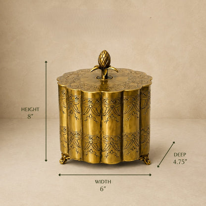 Dimensions infographic of Decorative Antique Brass Storage Box with 8 inch height, 6 inch width and 4.75 inch depth on a premium beige luxury studio background by Inara Home Decor.