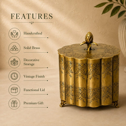 Feature infographic of a decorative antique brass storage box showcasing handcrafted craftsmanship, solid brass construction, decorative storage, vintage finish, functional lid, and premium gift quality on a luxury beige studio background.