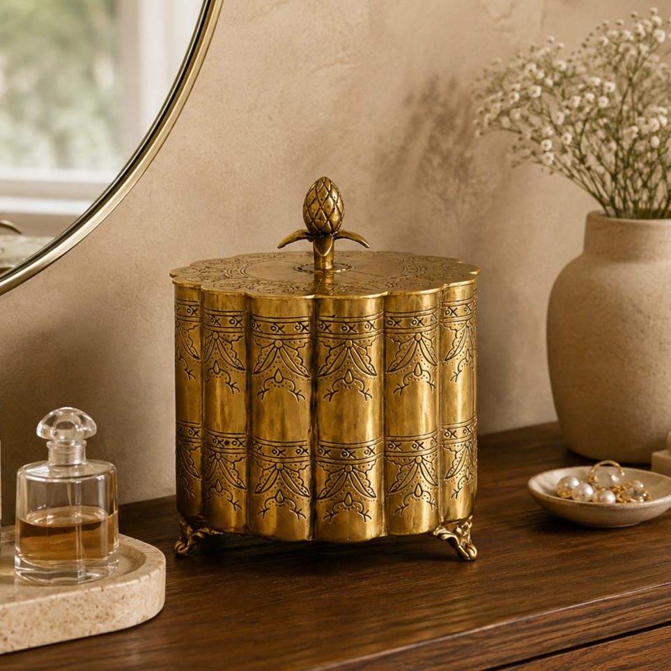 Decorative antique brass storage box styled on a luxury dressing table with oak wood, travertine accessories, warm beige Venetian plaster wall, and natural daylight, ideal for elegant home décor.