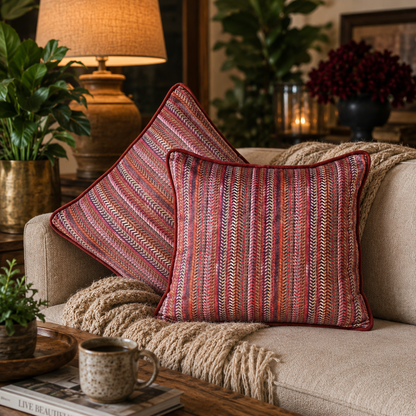 Multicolor chevron pattern velvet cushion cover displayed on a beige sofa in a luxury living room setting, decorative designer cushion for elegant home décor.