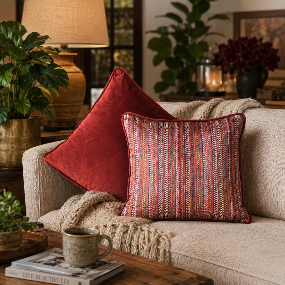 Rust red velvet designer cushion cover with textured woven pattern displayed on a beige sofa in a luxury living room setting, premium decorative cushion for elegant home décor.