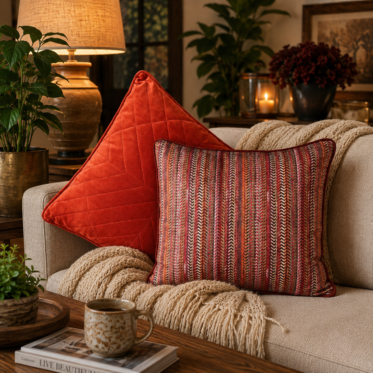 Rust orange velvet cushion cover with quilted back and multicolor woven striped pattern, styled on a beige sofa in a luxury living room setting.
