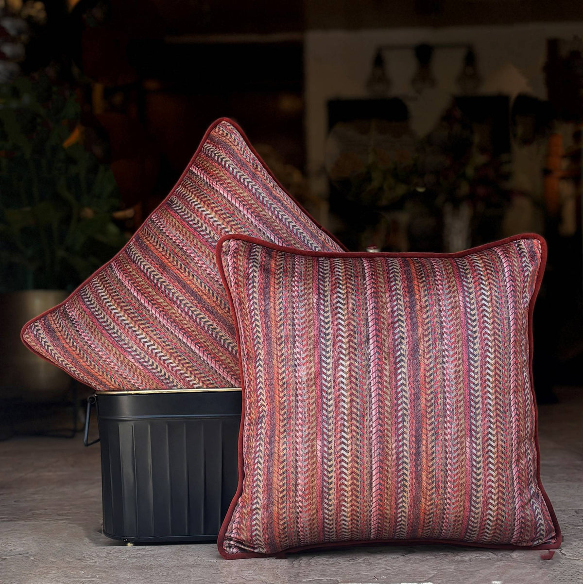 Rust Zig Zag  Velvet Cushion Cover 16 x 16 – texture and finish detail | INARA