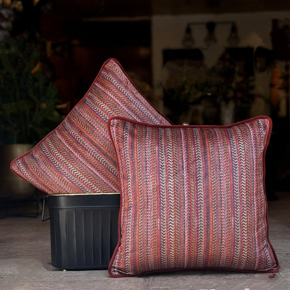 Rust Zig Zag  Velvet Cushion Cover 16 x 16 – texture and finish detail | INARA