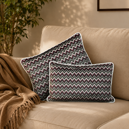  Zig Zag Velvet Cushion Covers styled on a beige sofa in a luxury living room, showcasing the textured woven chevron pattern and premium designer home décor aesthetic.