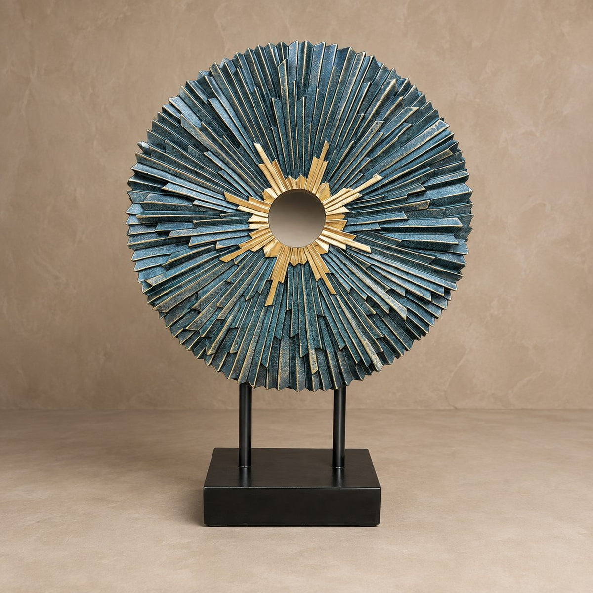 Premium teal and gold sunburst decorative sculpture with textured finish and black stand for luxury home décor.