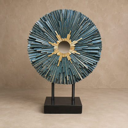 Premium teal and gold sunburst decorative sculpture with textured finish and black stand for luxury home décor.