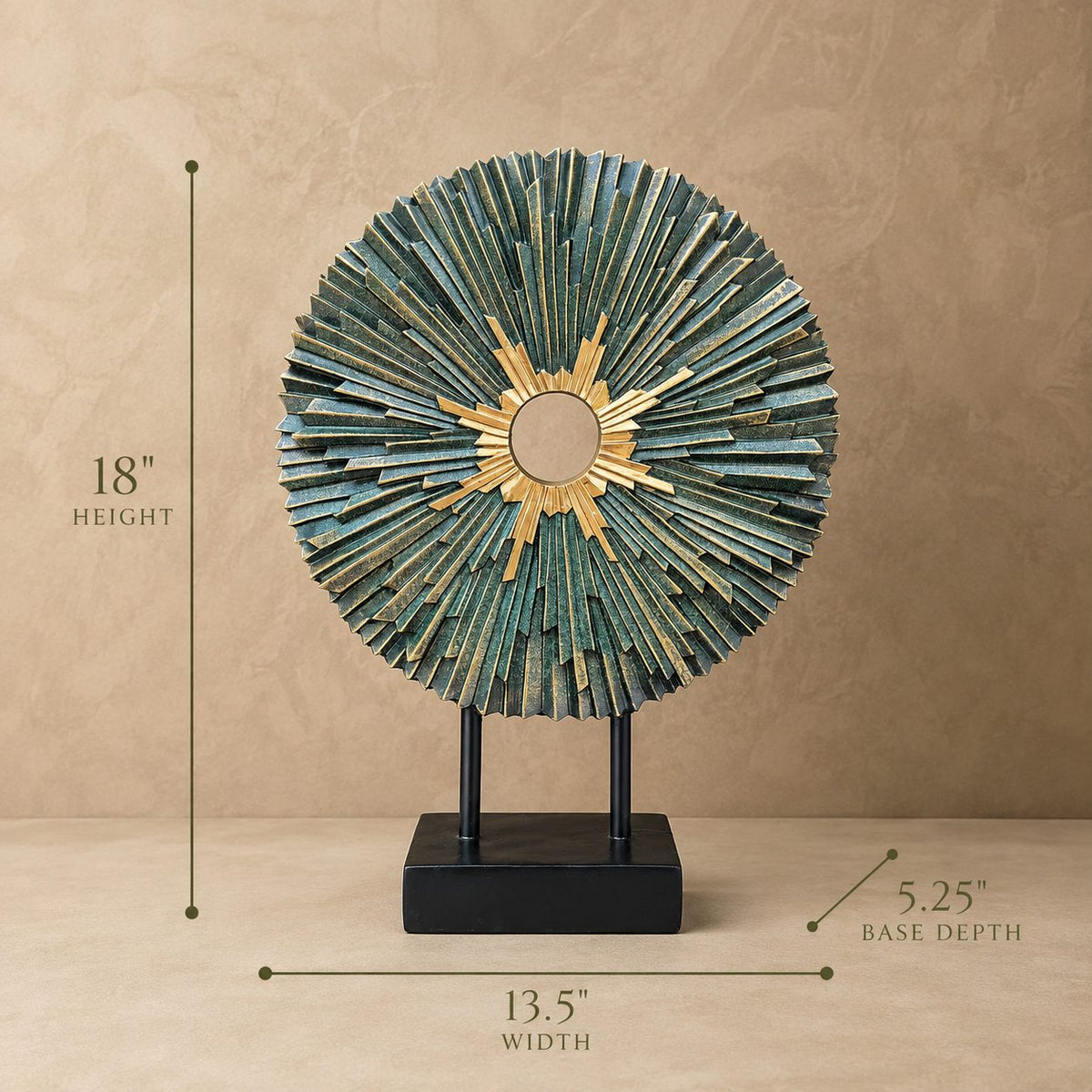 Dimensions of the teal and gold sunburst decorative sculpture measuring 18 inches high, 13.5 inches wide, and 5.25 inches base depth.