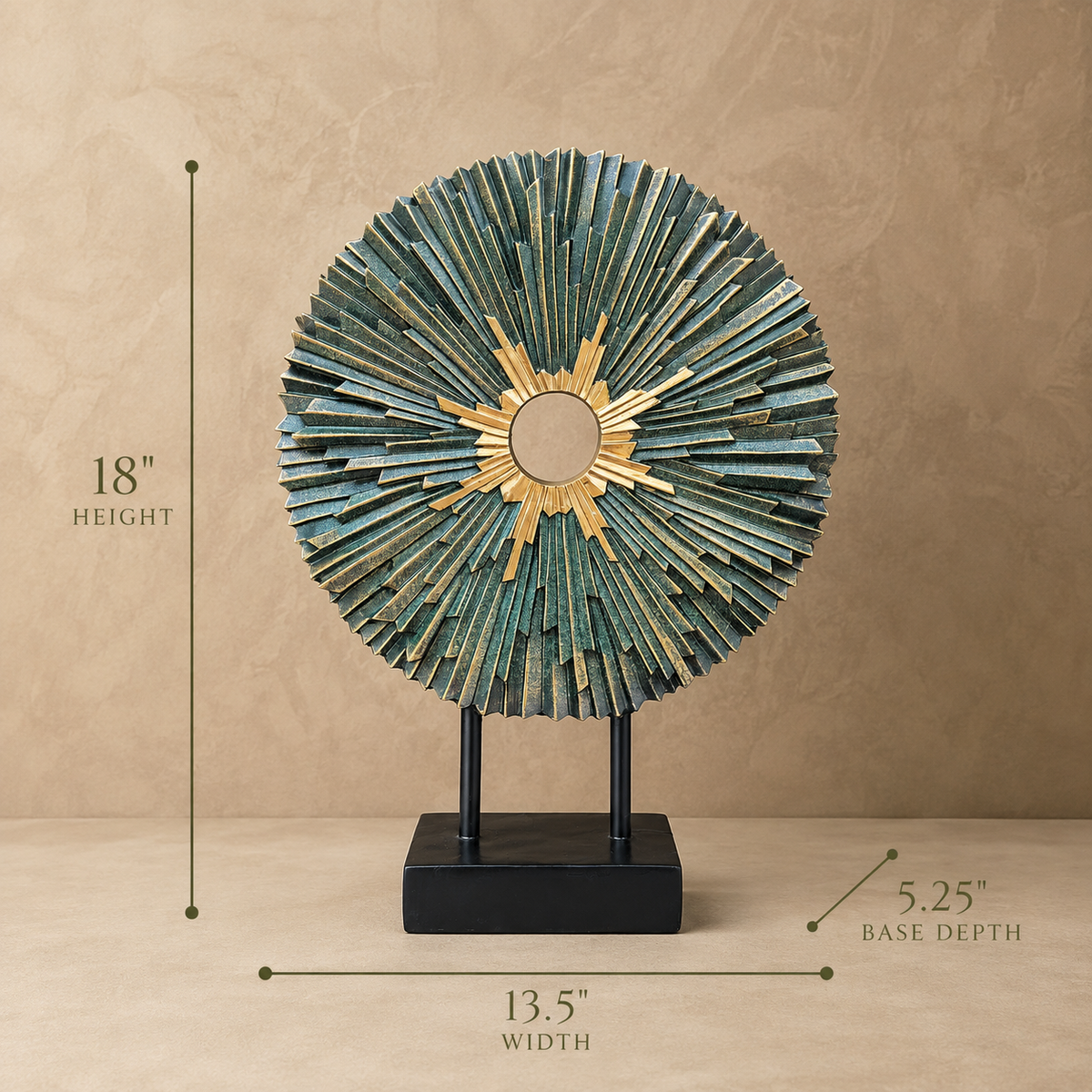 Dimensions of the teal and gold sunburst decorative sculpture measuring 18 inches high, 13.5 inches wide, and 5.25 inches base depth.