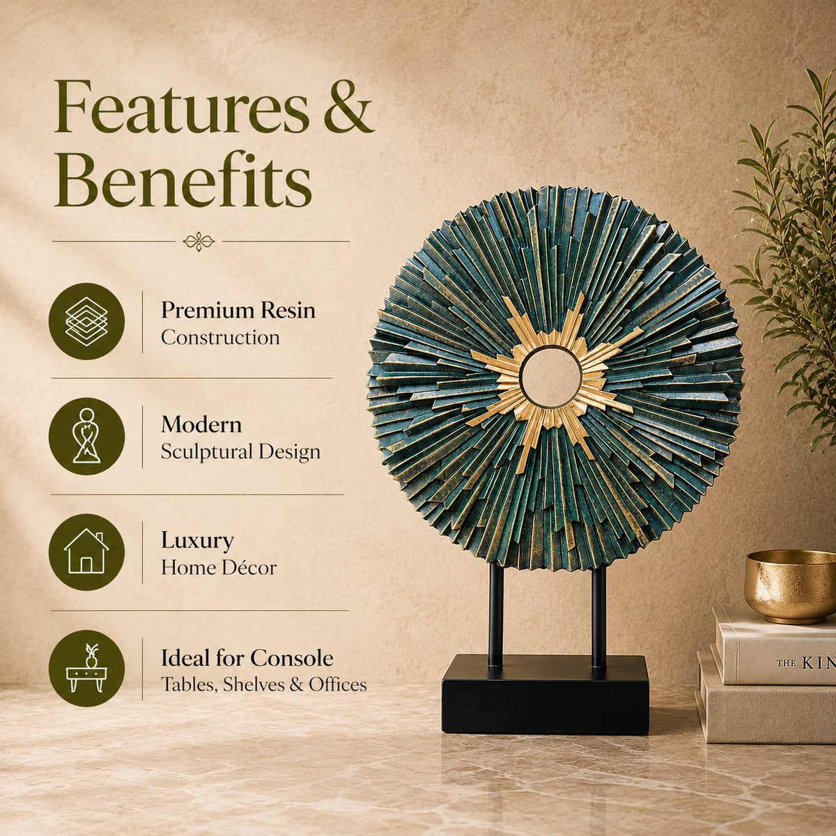 Blue and gold modern resin decorative sculpture on a stand with premium features infographic, showcasing luxury home décor for console tables, shelves, and office styling.