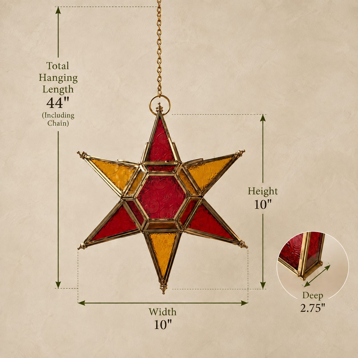 Dimensions of handcrafted red and amber stained glass star hanging lantern with brass frame and hanging chain.