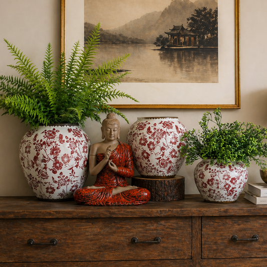 Red floral ceramic planters with lush green plants and a Buddha statue styled on a rustic wooden console table in a warm, elegant living room setting.