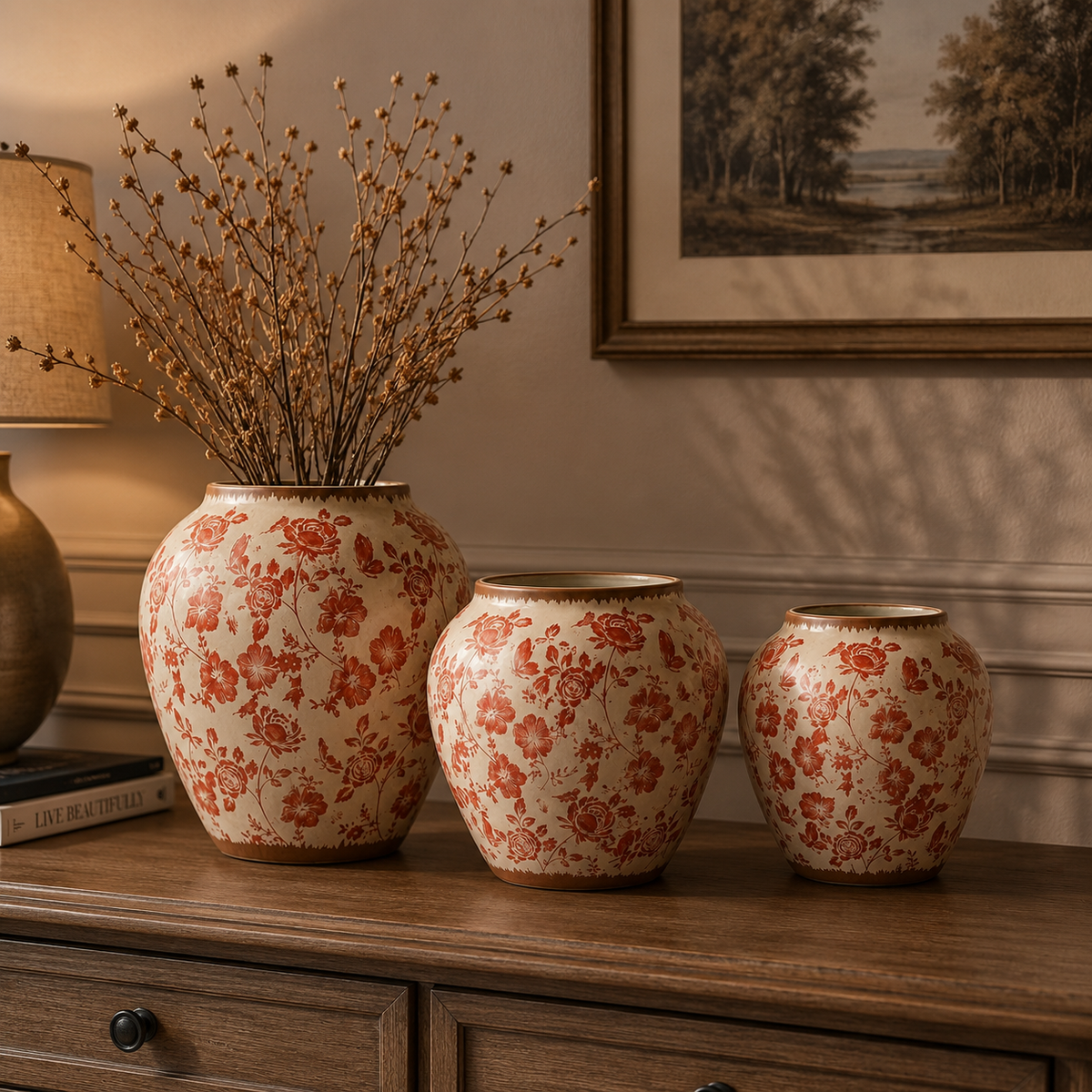 Red Floral Ceramic Decorative  Vase – close-up detail view | INARA