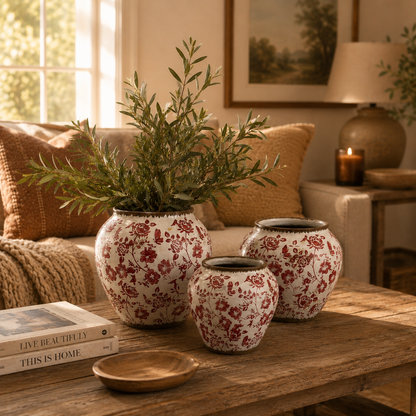 Red Floral Ceramic Decorative  Vase – texture and finish detail | INARA