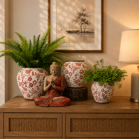 Red floral ceramic planters with lush green plants and a Buddha statue styled on a rustic wooden console table in a warm, elegant living room setting.