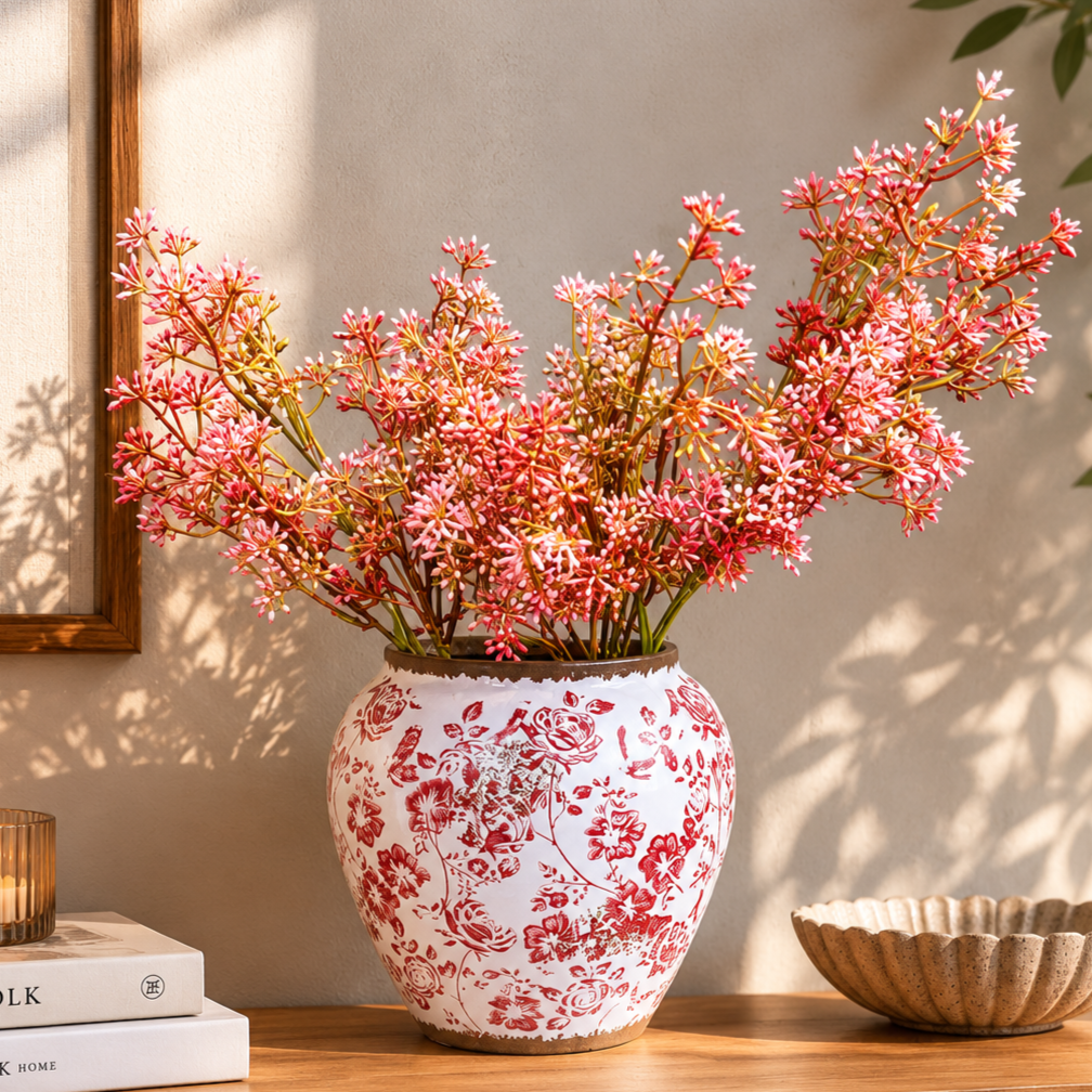 Red and white floral ceramic vase with delicate pink flowering stems displayed on a wooden console table against a warm neutral wall in a stylish modern home interior.