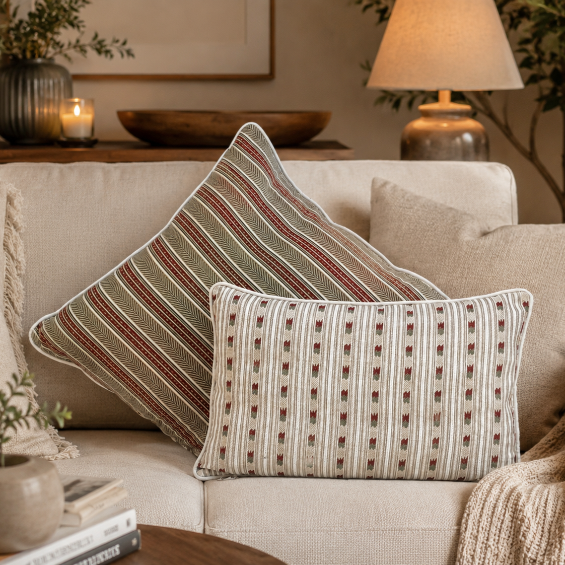 Striped linen cushion covers in beige, olive green, and burgundy tones styled on a modern cream sofa in a luxury living room, adding warmth and elegance to contemporary home décor.