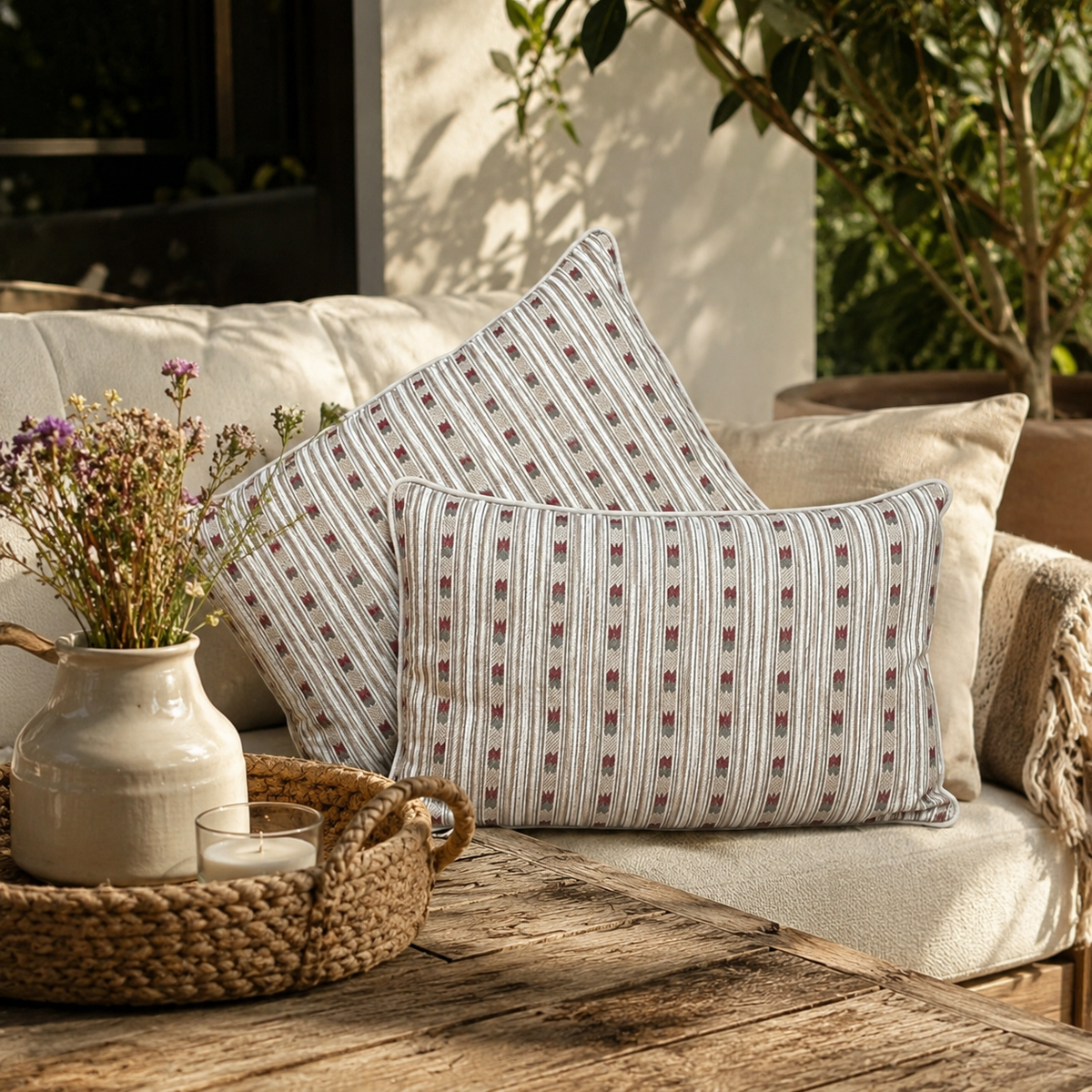 Beige striped linen cushion covers styled on a cream sofa in a cozy living room setting, showcasing premium decorative cushions for modern home décor.