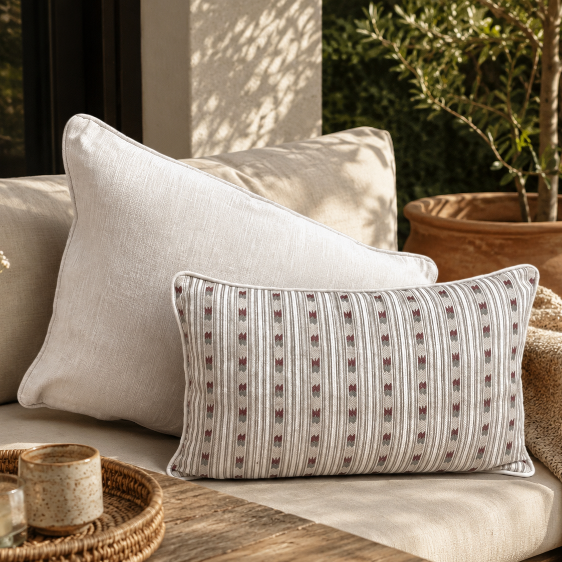 Beige striped linen cushion cover paired with a solid beige cushion on a luxury outdoor sofa, styled in a modern patio setting with natural textures and elegant home décor accents.