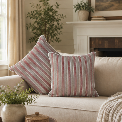 Set of rust red and beige striped cushion covers styled on a neutral sofa in a modern living room, adding warmth, texture, and elegant home décor appeal.