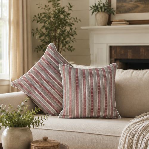 Set of rust red and beige striped cushion covers styled on a neutral sofa in a modern living room, adding warmth, texture, and elegant home décor appeal.