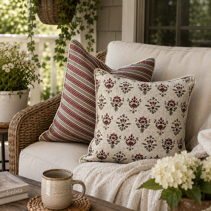 Floral and striped cotton cushion covers styled on a cozy wicker sofa with neutral upholstery, adding elegant traditional charm and comfort to a premium living space.