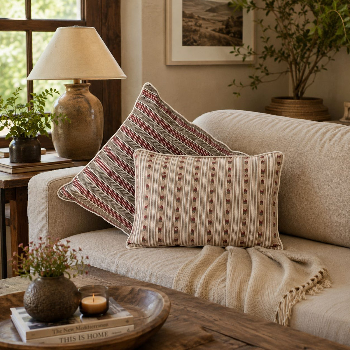 Traditional striped cotton cushion covers styled on a beige sofa in a cozy living room, featuring elegant woven patterns in muted red and grey tones for classic home décor.