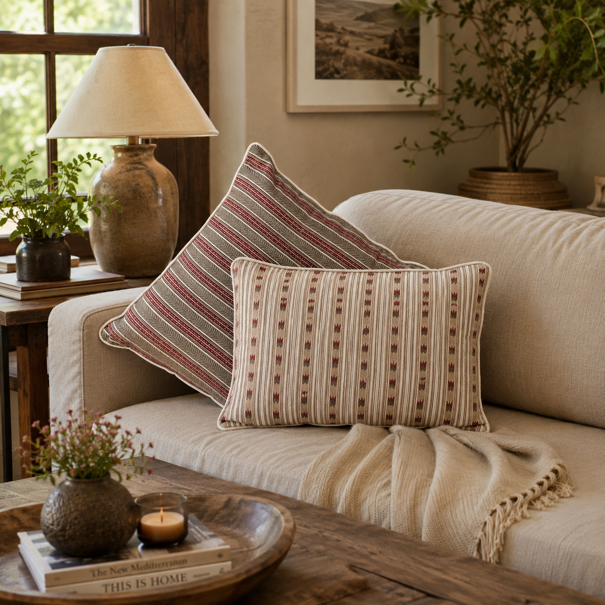 Traditional striped cotton cushion covers styled on a beige sofa in a cozy living room, featuring elegant woven patterns in muted red and grey tones for classic home décor.