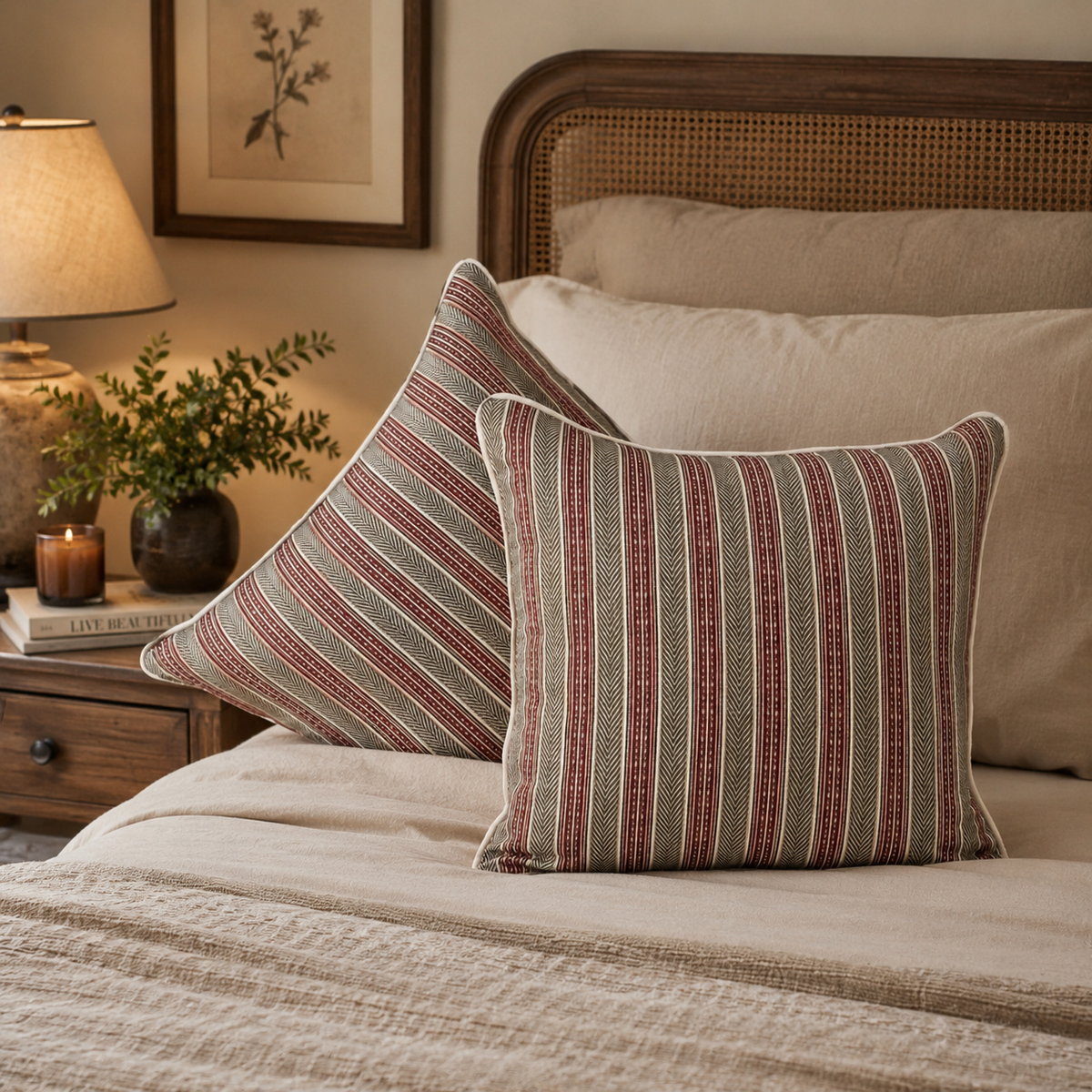 Rust and grey striped cotton cushion covers styled on a neutral beige bed in a cozy bedroom, adding warmth, texture, and timeless elegance to luxury home décor.