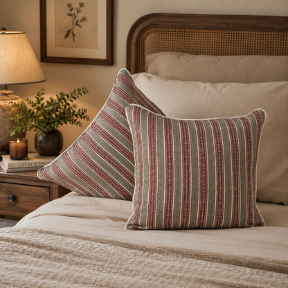 Rust and grey striped cotton cushion covers styled on a neutral beige bed in a cozy bedroom, adding warmth, texture, and timeless elegance to luxury home décor.