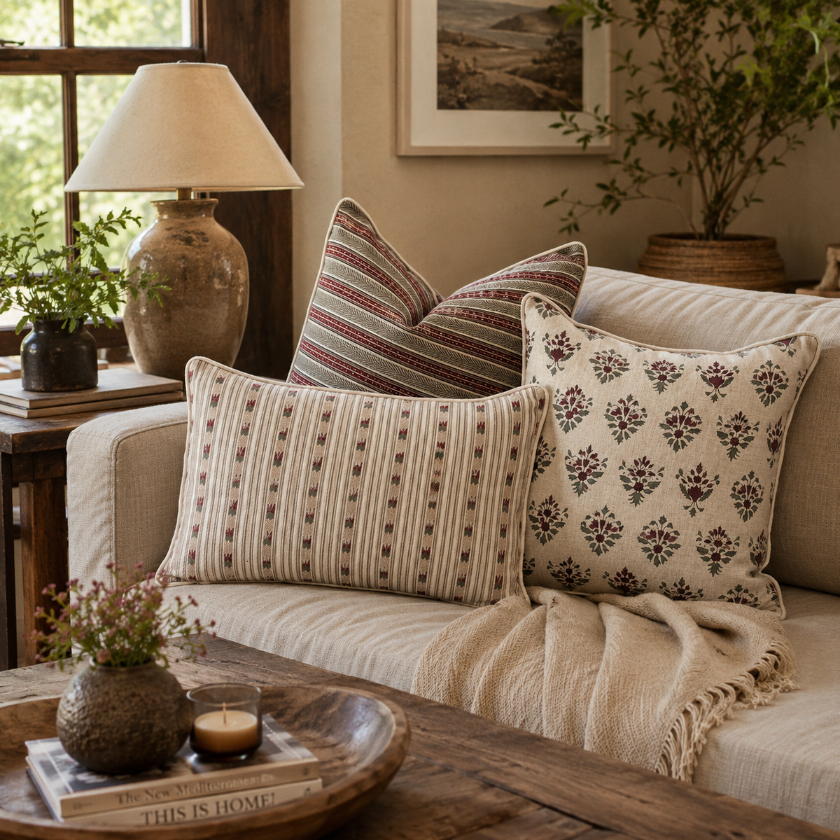 Cushion covers in different sizes and mughal prints styled on sofa of a modern living room.