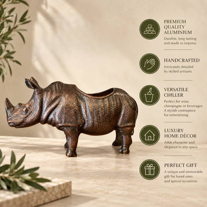 Features infographic of the Inara Home Decor Rhinoceros Champagne Wine Chiller highlighting handcrafted aluminium construction, premium quality, luxury décor and gift suitability.