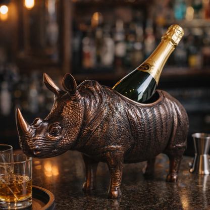 Bronze rhinoceros wine holder with champagne bottle placed on a bar counter, luxury animal-shaped bottle holder for home bar decor