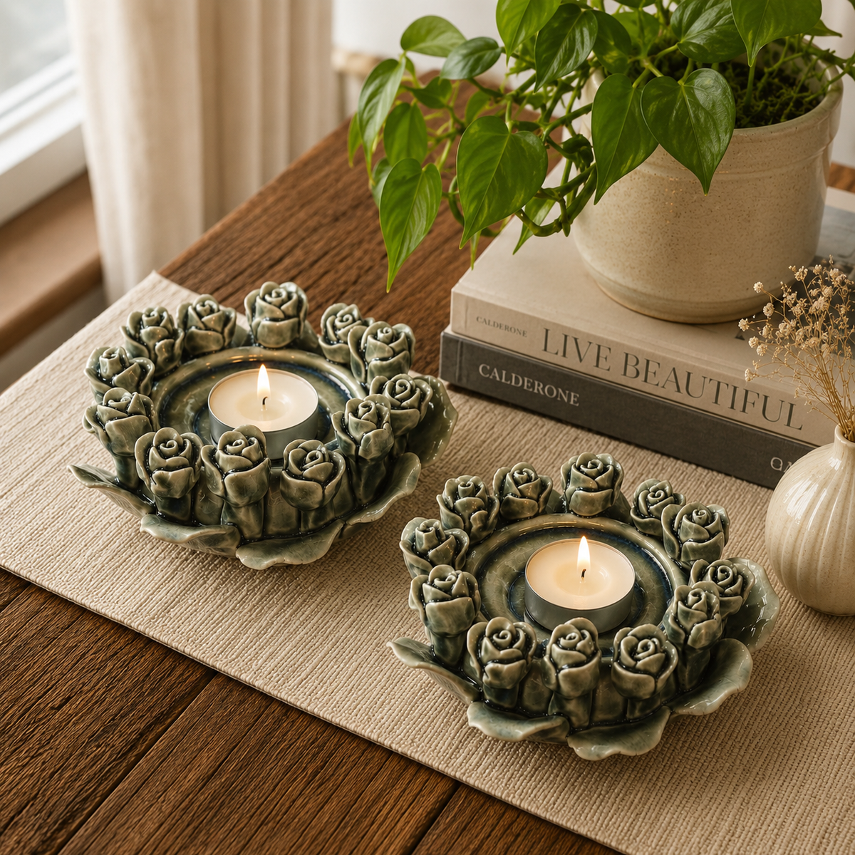 Set of two handcrafted rose bud ceramic tealight holders styled on a rustic wooden table with candles, books, and indoor plants in a cozy luxury home décor setting.