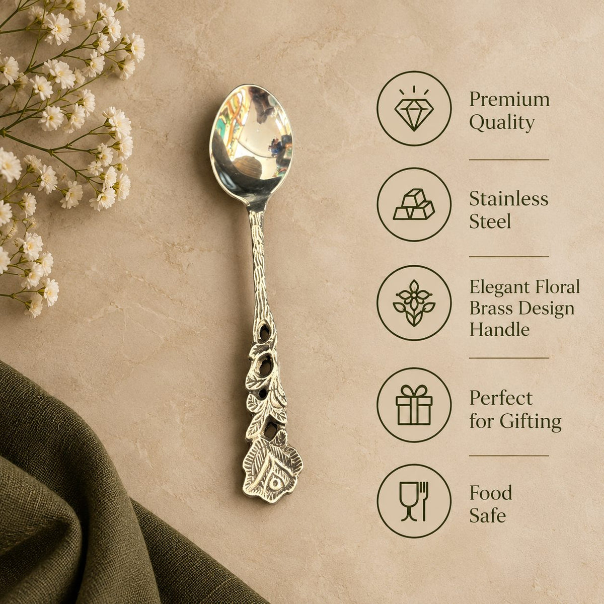 Rose coffee spoon with feature icons: stainless steel, floral brass handle, food safe, gift ready.