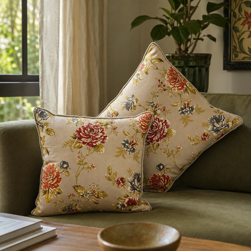 Vintage floral decorative cushion covers styled on a green sofa in a sunlit living room, featuring an elegant cream fabric with red, blue, and gold botanical prints by Inara Home Decor.