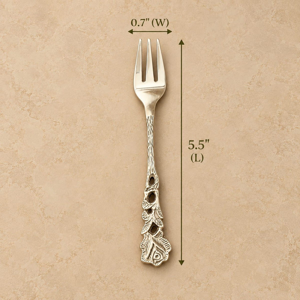Rose fruit fork dimensions: 5.5 inches long and 0.7 inches wide.