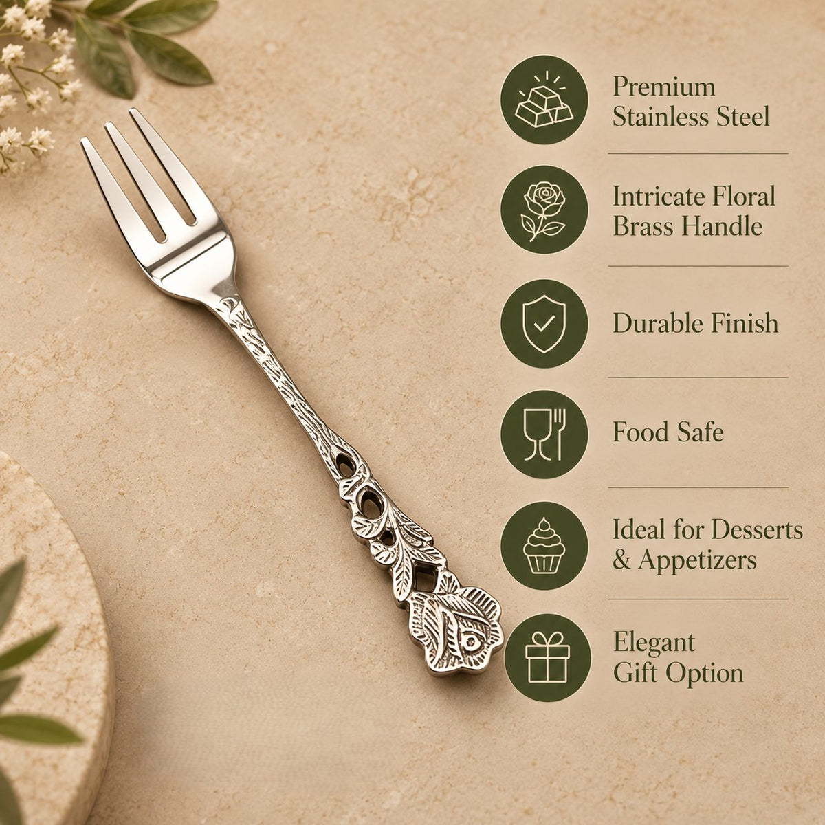 Rose fruit fork with feature icons: stainless steel, floral brass handle, food safe, gift option.
