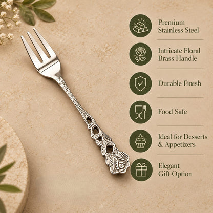 Rose fruit fork with feature icons: stainless steel, floral brass handle, food safe, gift option.