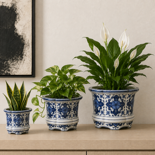 Blue And White Porcelain Floral Round Planter