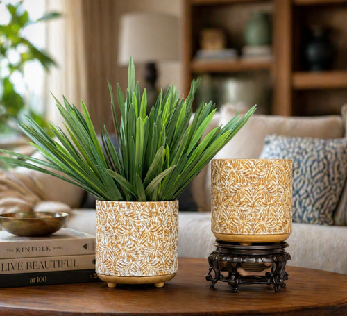 Textured Leaf Ceramic Footed Planter