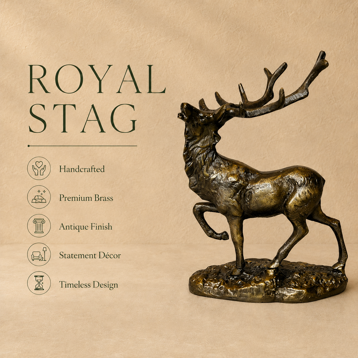 Royal Stag handcrafted antique brass deer sculpture featuring premium craftsmanship, antique finish, timeless design, and luxury home décor by Inara.