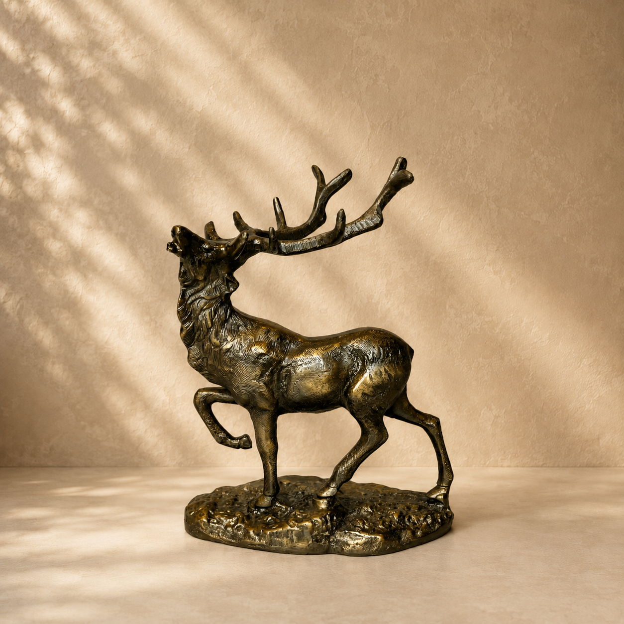 Royal Stag handcrafted antique brass deer sculpture with majestic antlers, luxury tabletop décor for living rooms, offices, and console styling.